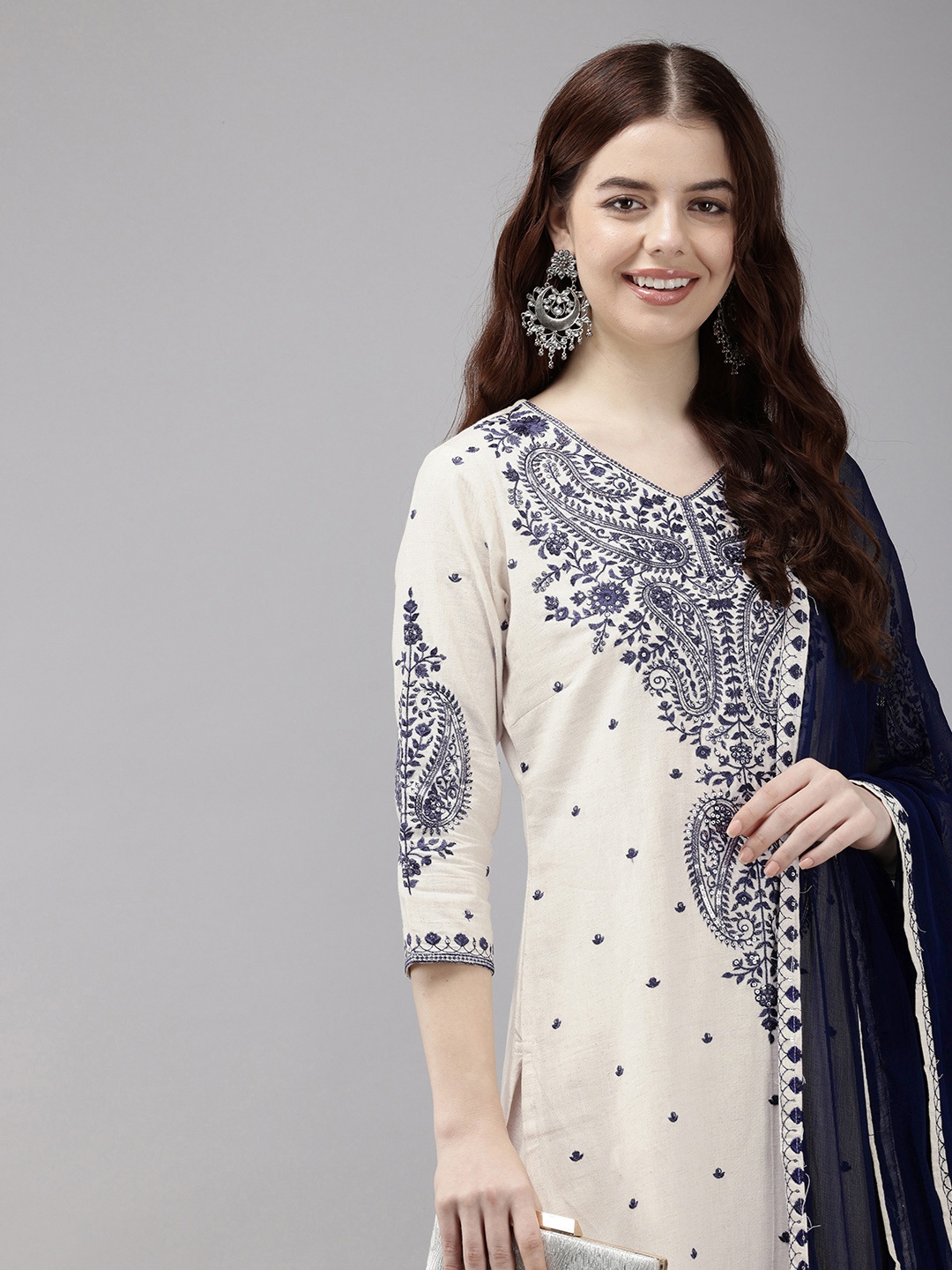 

Vedic Paisley Embroidered Sequinned Kurta With Trousers & Dupatta, Navy blue