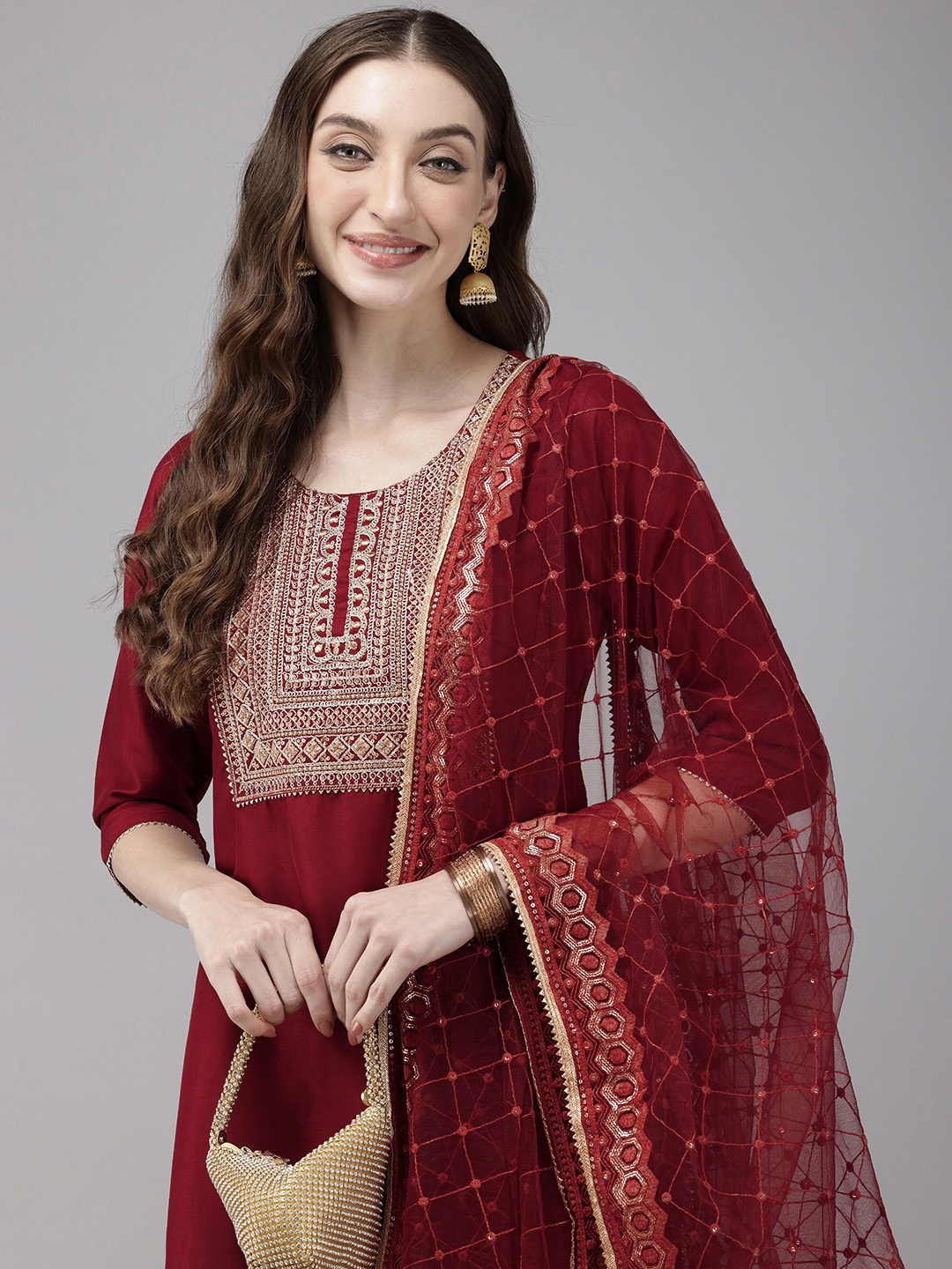 

Vedic Ethnic Motifs Embroidered Sequinned Raw Silk Kurta With Sharara & Dupatta, Maroon