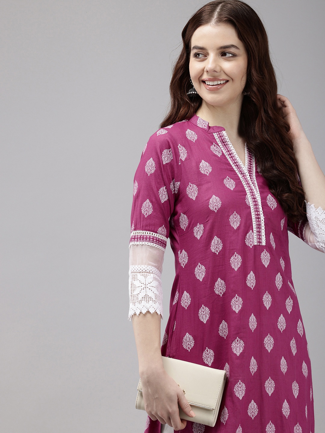

Vedic Ethnic Motifs Printed Laced Pure Cotton Kurta, Magenta
