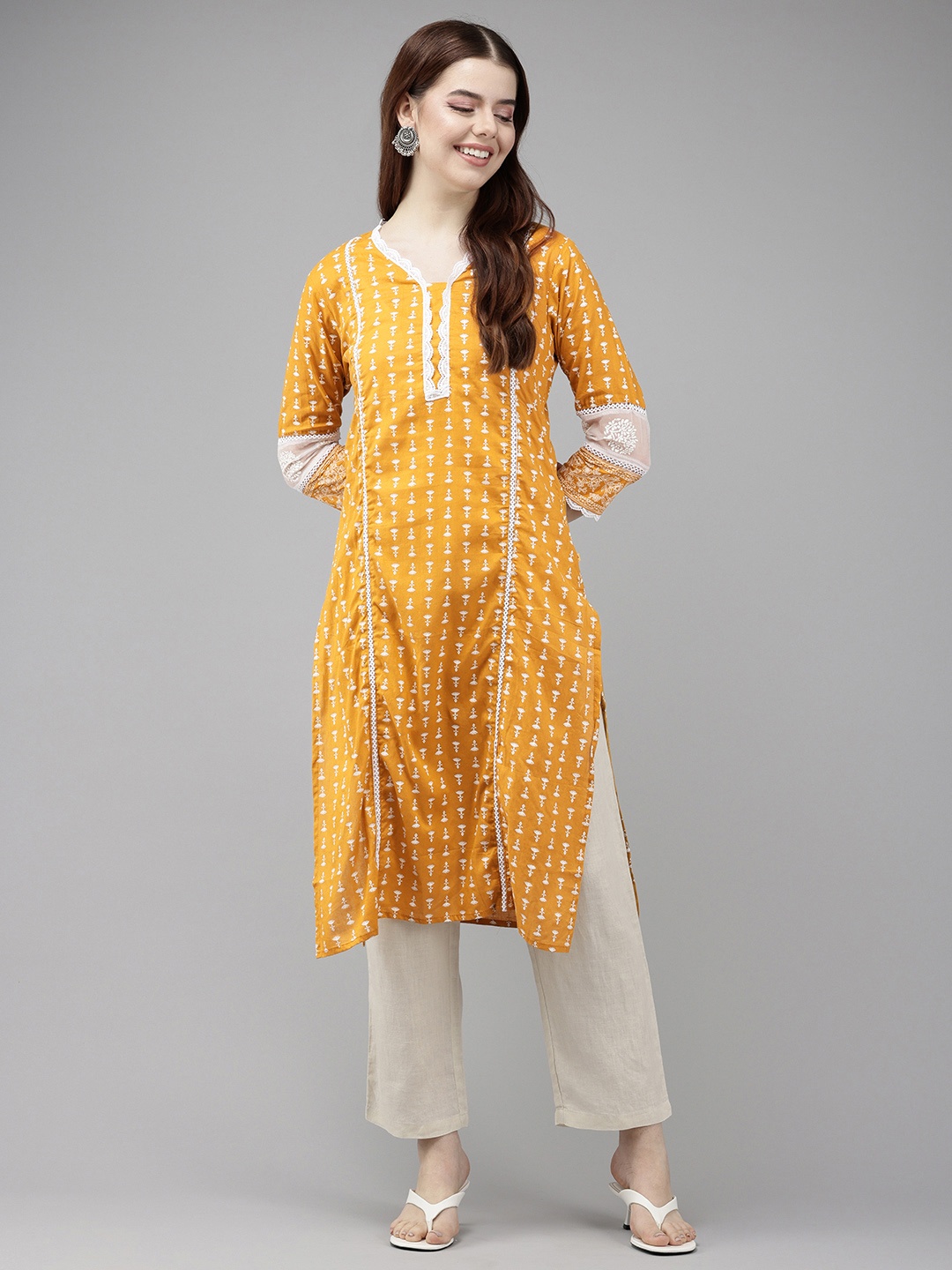 

Vedic Ethnic Motifs Printed Pure Cotton Kurta, Mustard