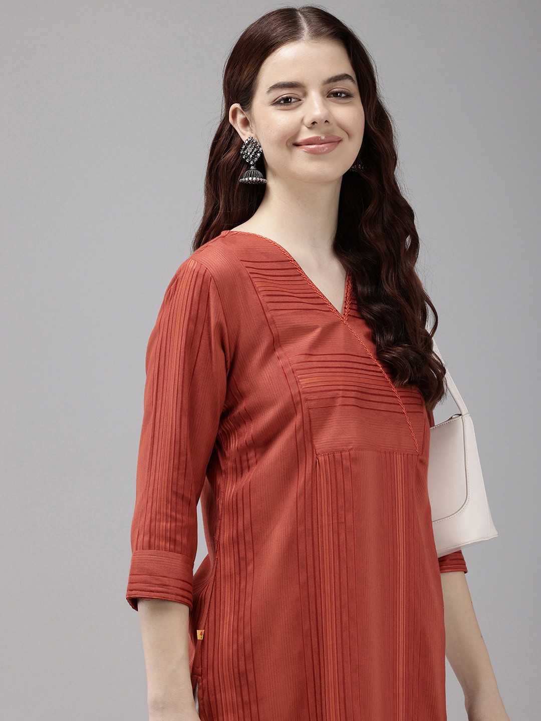 

Vedic Striped Thread Work Pure Cotton Kurta, Rust