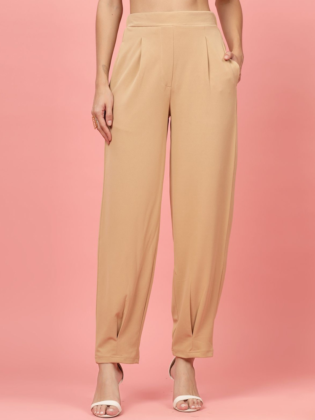 

plusS Women Nude Regular Fit Mid-Rise Pleated Trousers