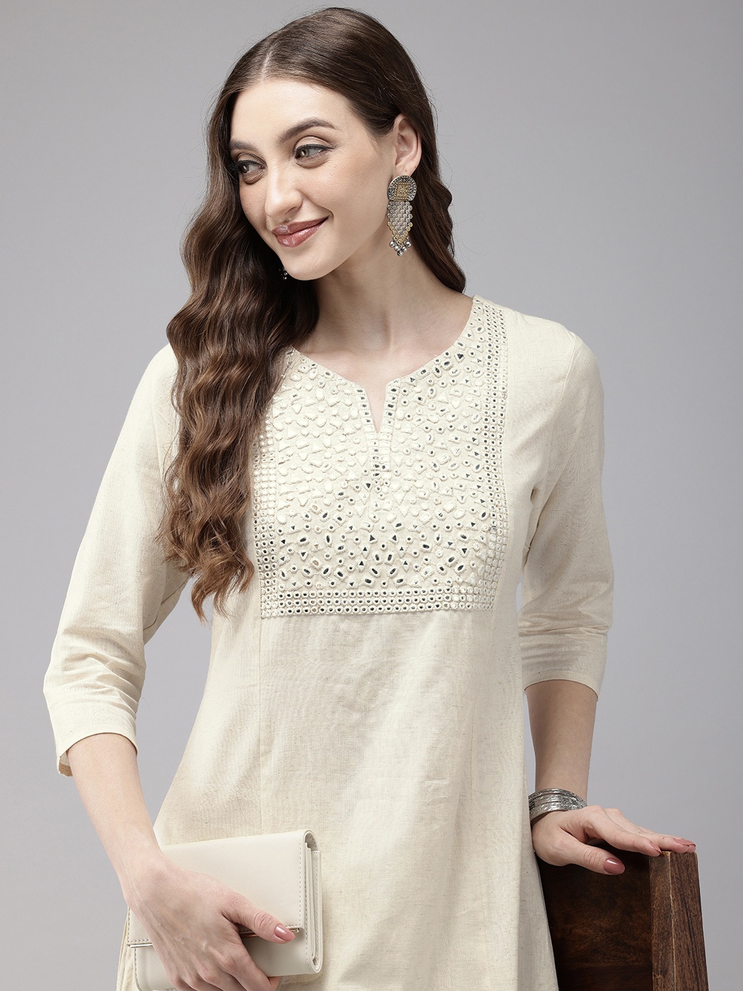 

Vedic Yoke Design Mirror Work Pure Cotton Kurta, Off white