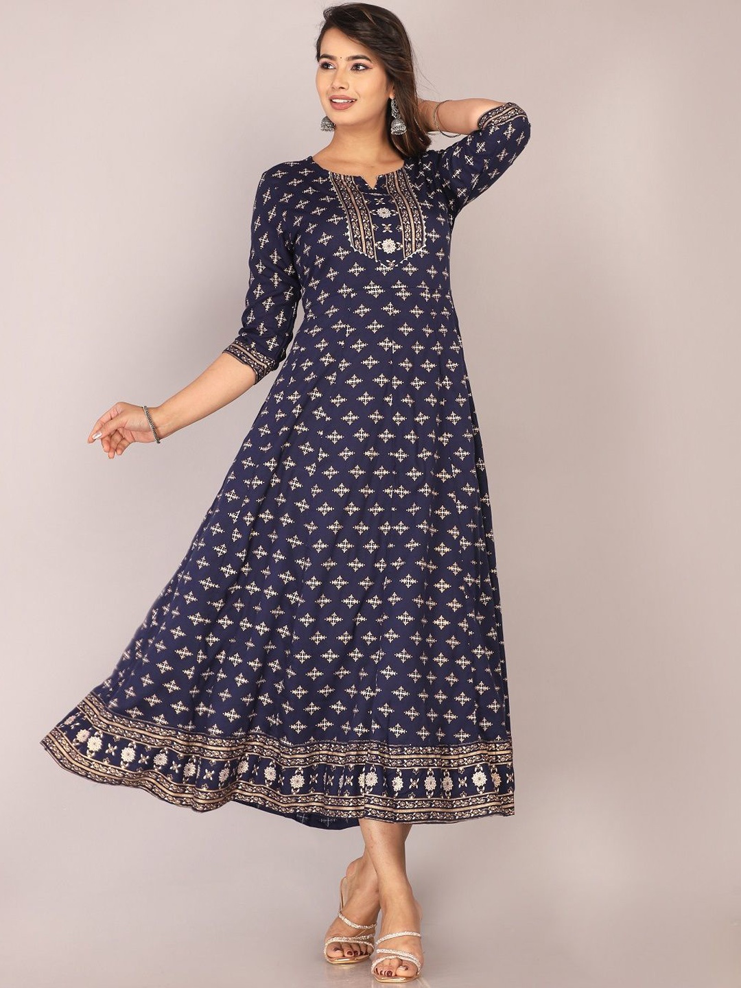 

MARISY Ethnic Motif Printed Notched Neck A-Line Midi Ethnic Dress, Navy blue