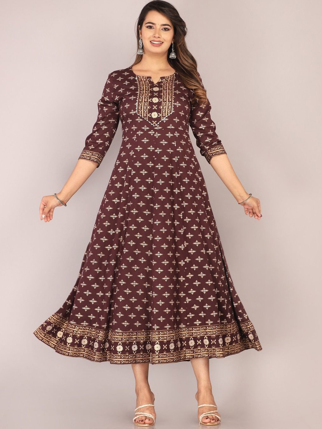 

MARISY Ethnic Motif Printed Notched Neck A-Line Midi Ethnic Dress, Red