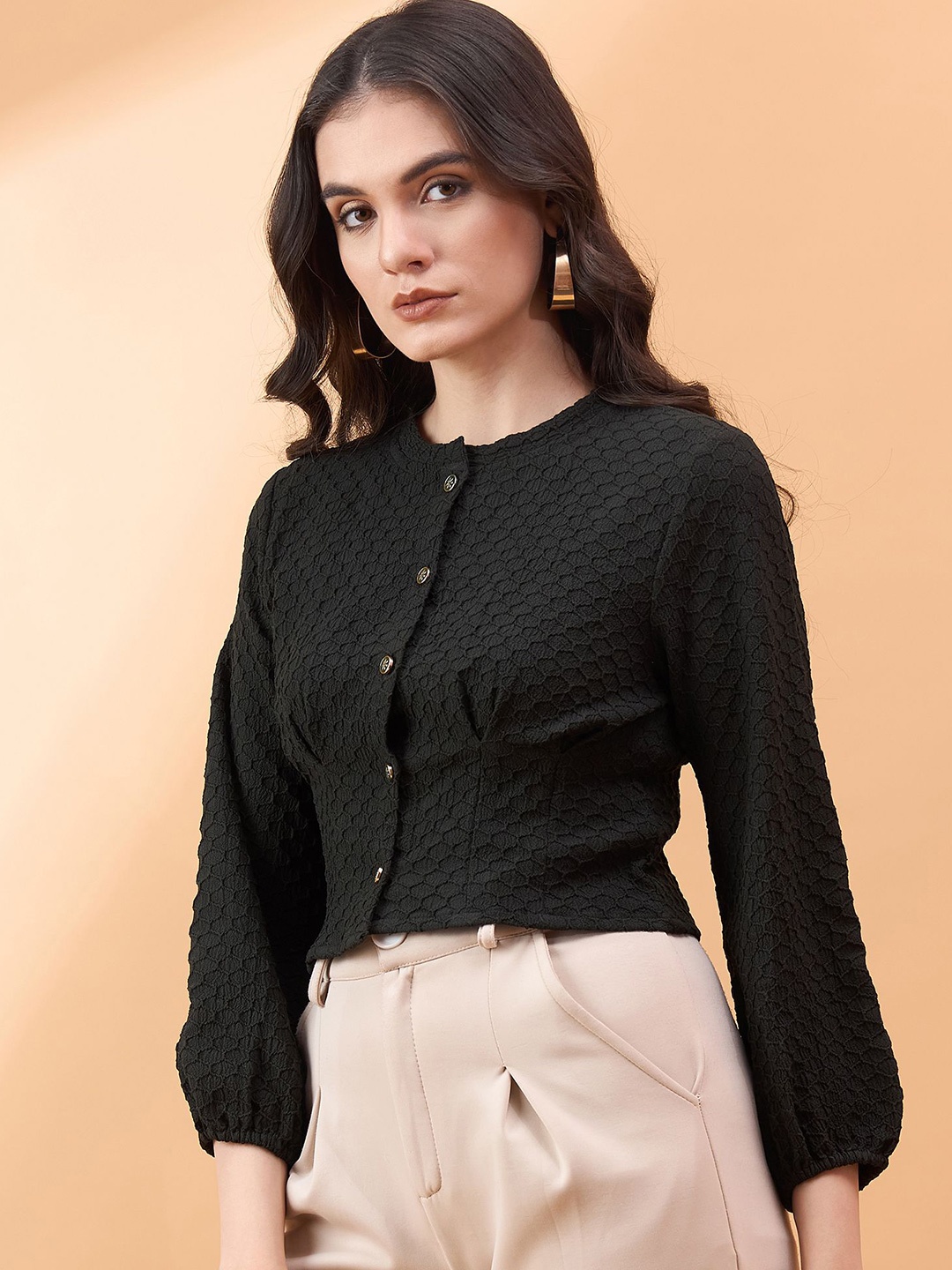 

all about you Self Design Round Neck Shirt Style Crop Top, Black