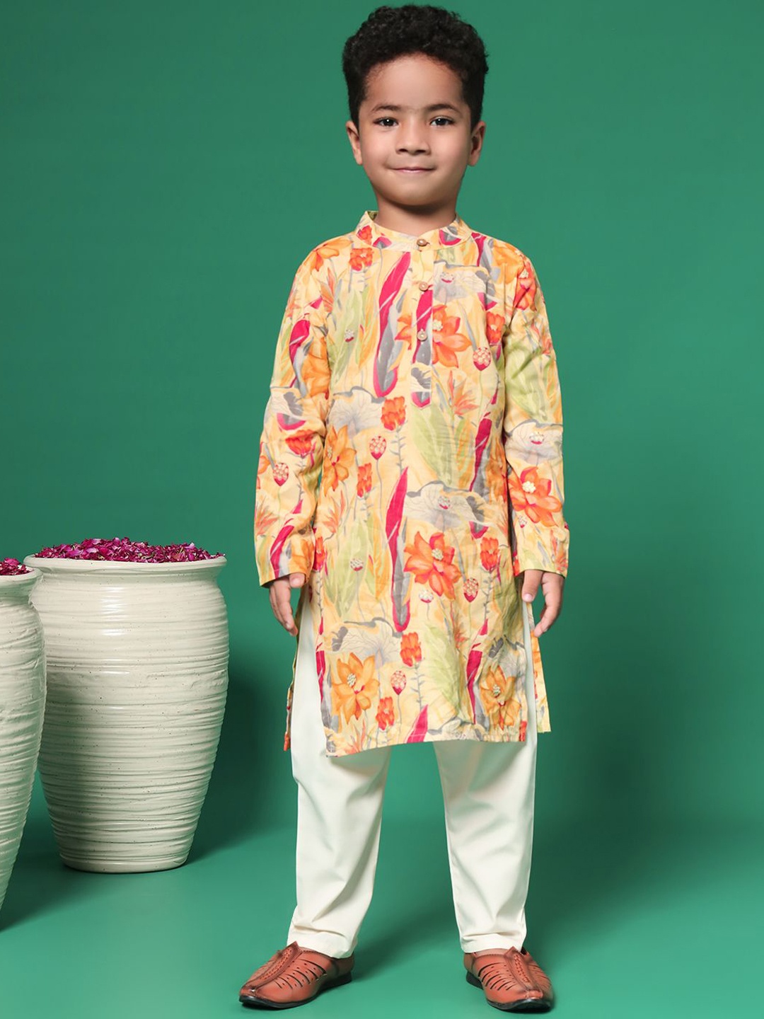 

Readiprint Boys Floral Printed Regular Pure Cotton Kurta with Pyjamas, Mustard