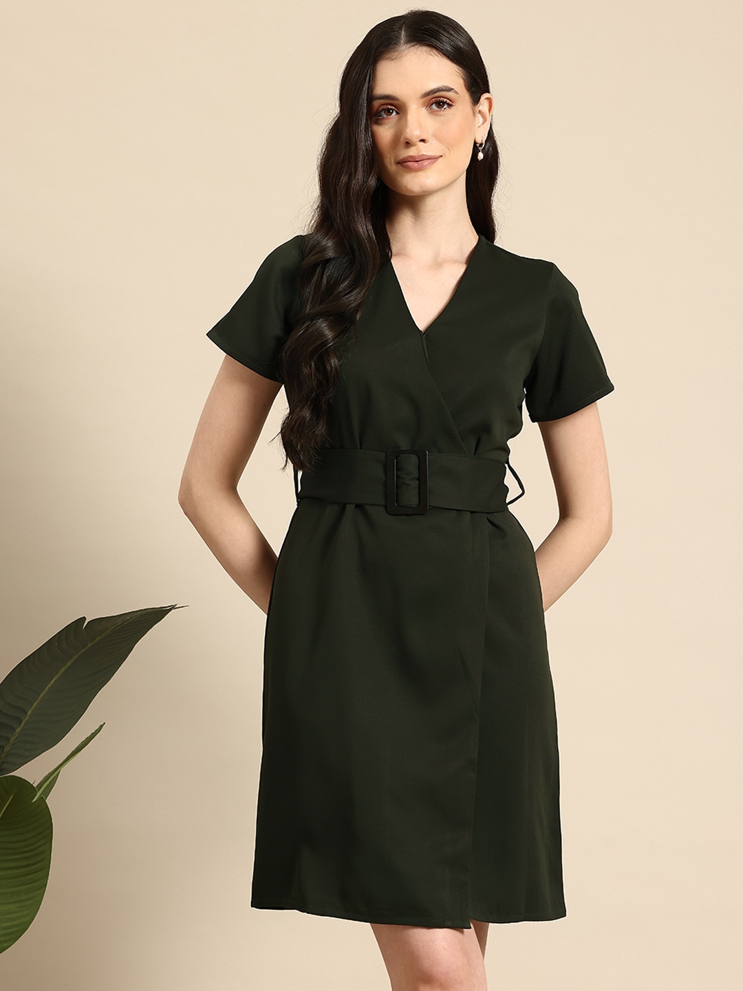 

Mast & Harbour Wrap Belted Dress, Olive