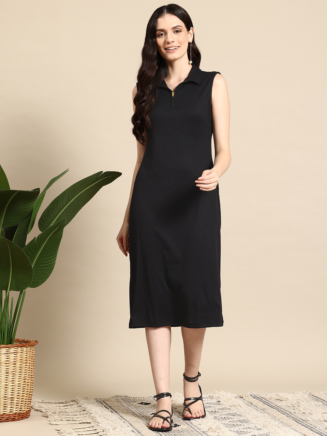

Mast & Harbour Half Zipper Sheath Midi Dress, Black