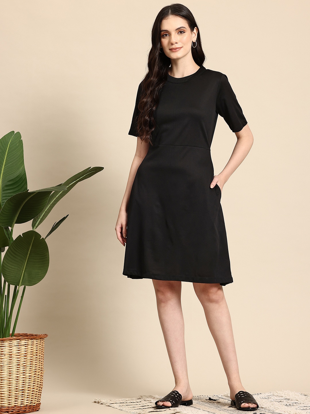 

Mast & Harbour Round Neck A-Line Dress, Black