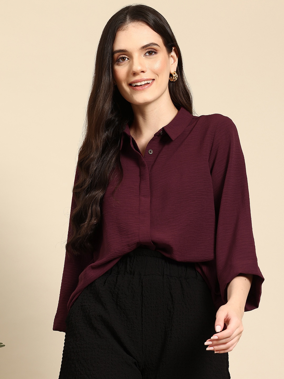 

Mast & Harbour Longline Relaxed Textured Shirt, Maroon