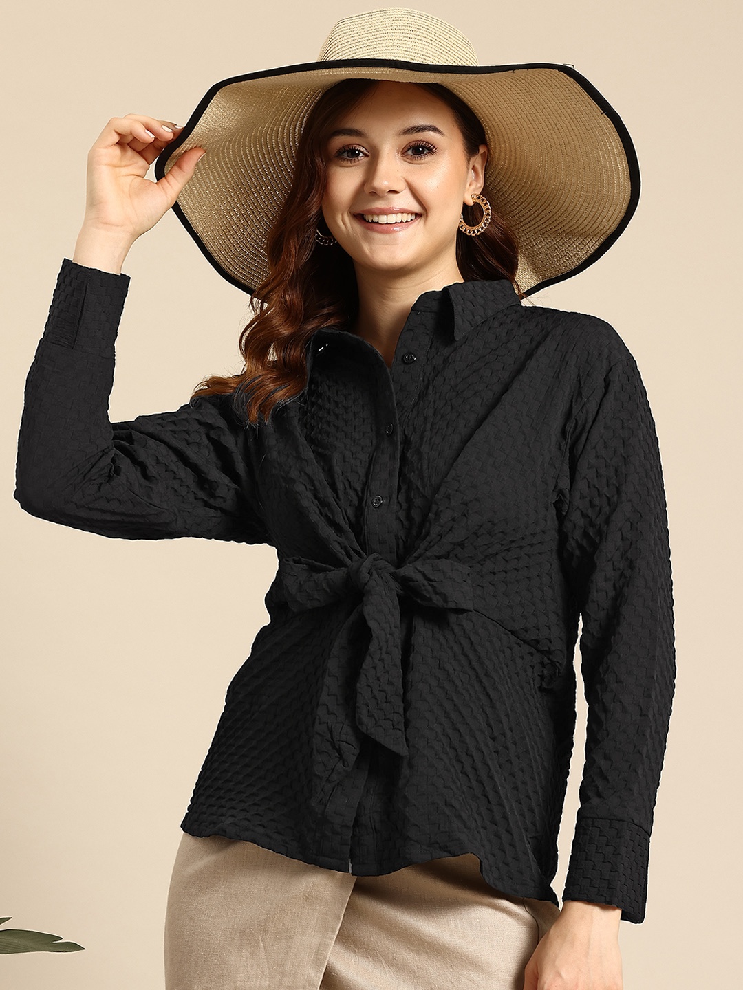 

Mast & Harbour Textured Tie-Up Casual Shirt, Black