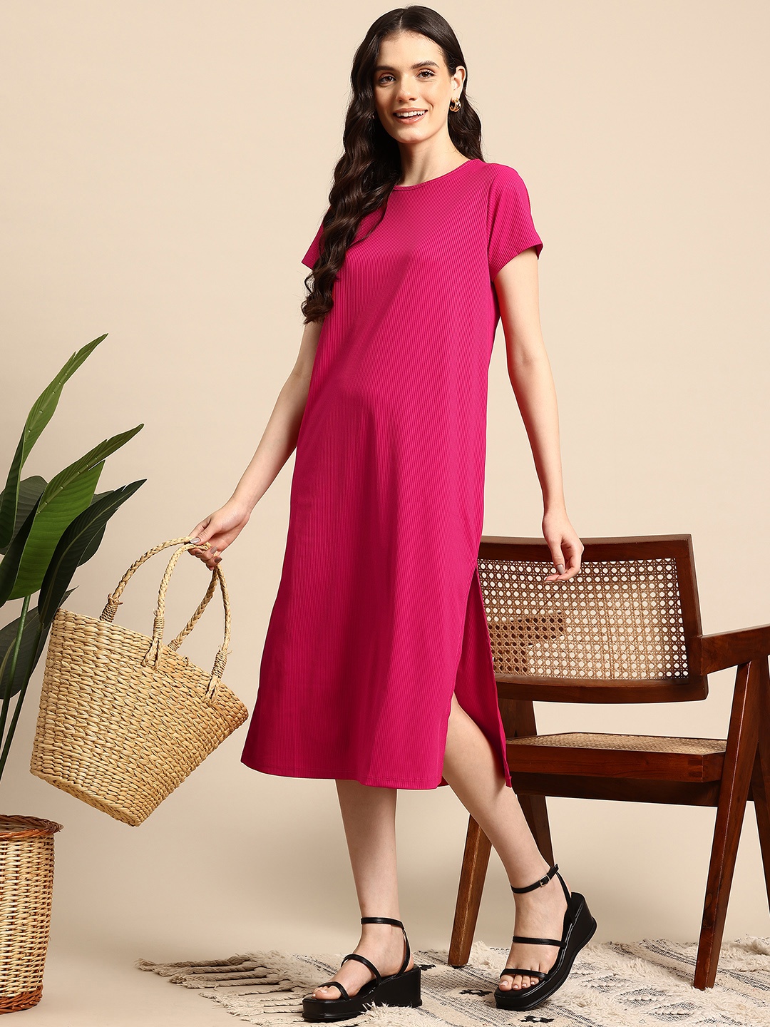 

Mast & Harbour Striped A-Line Midi Dress, Fuchsia