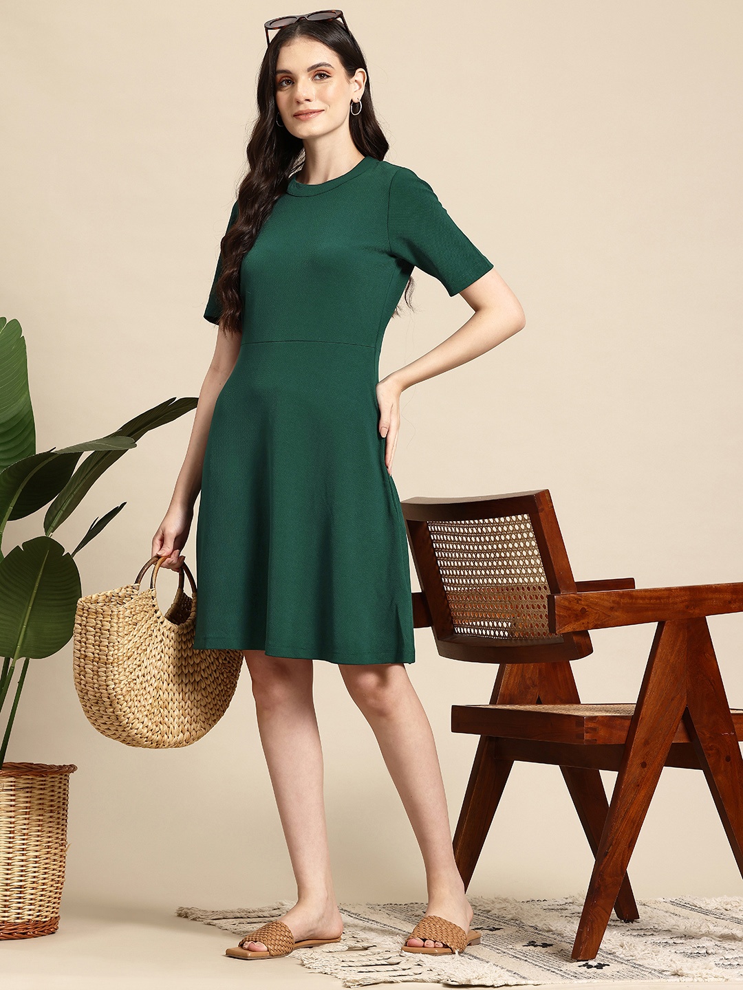 

Mast & Harbour Round Neck A-Line Dress, Green