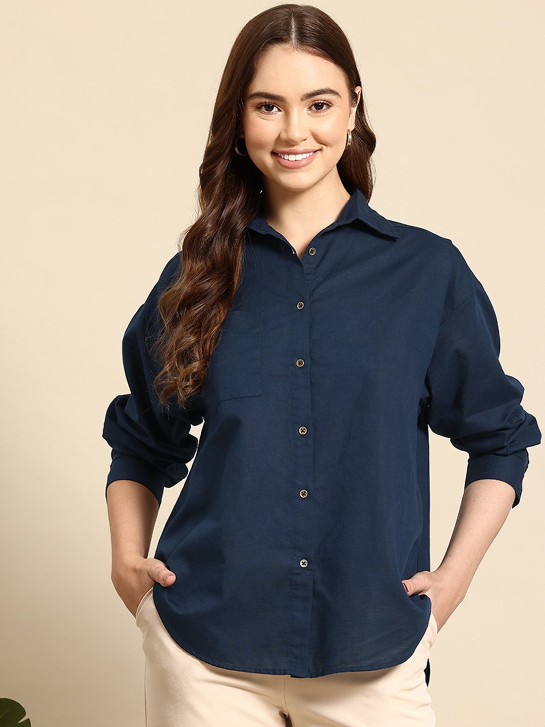 

Mast & Harbour Cotton Linen High Low Shirt, Navy blue