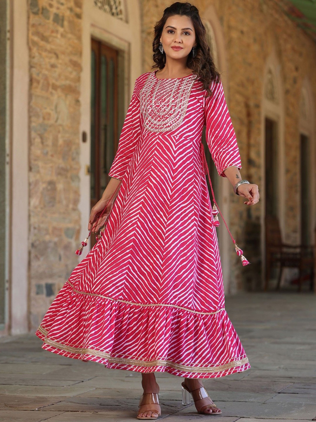 

Juniper Leheriya Printed Embroidered Cotton Anarkali Ethnic Dress, Pink