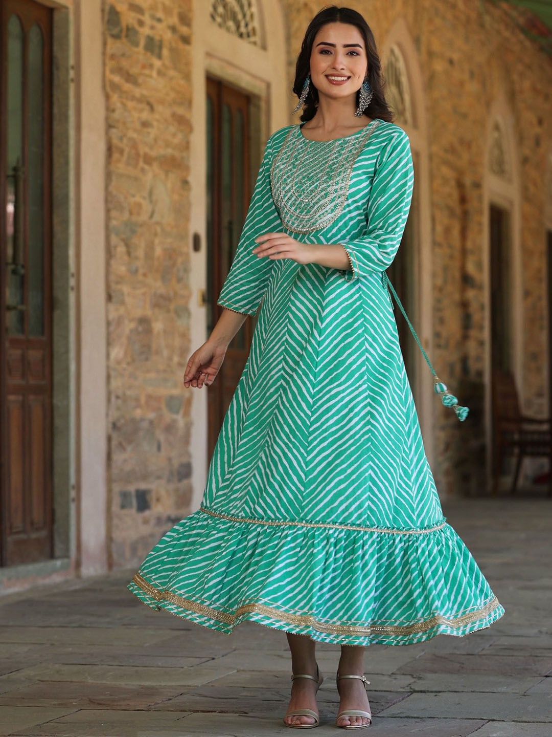 

Juniper Leheriya Printed Embroidered Cotton Anarkali Ethnic Dress, Green