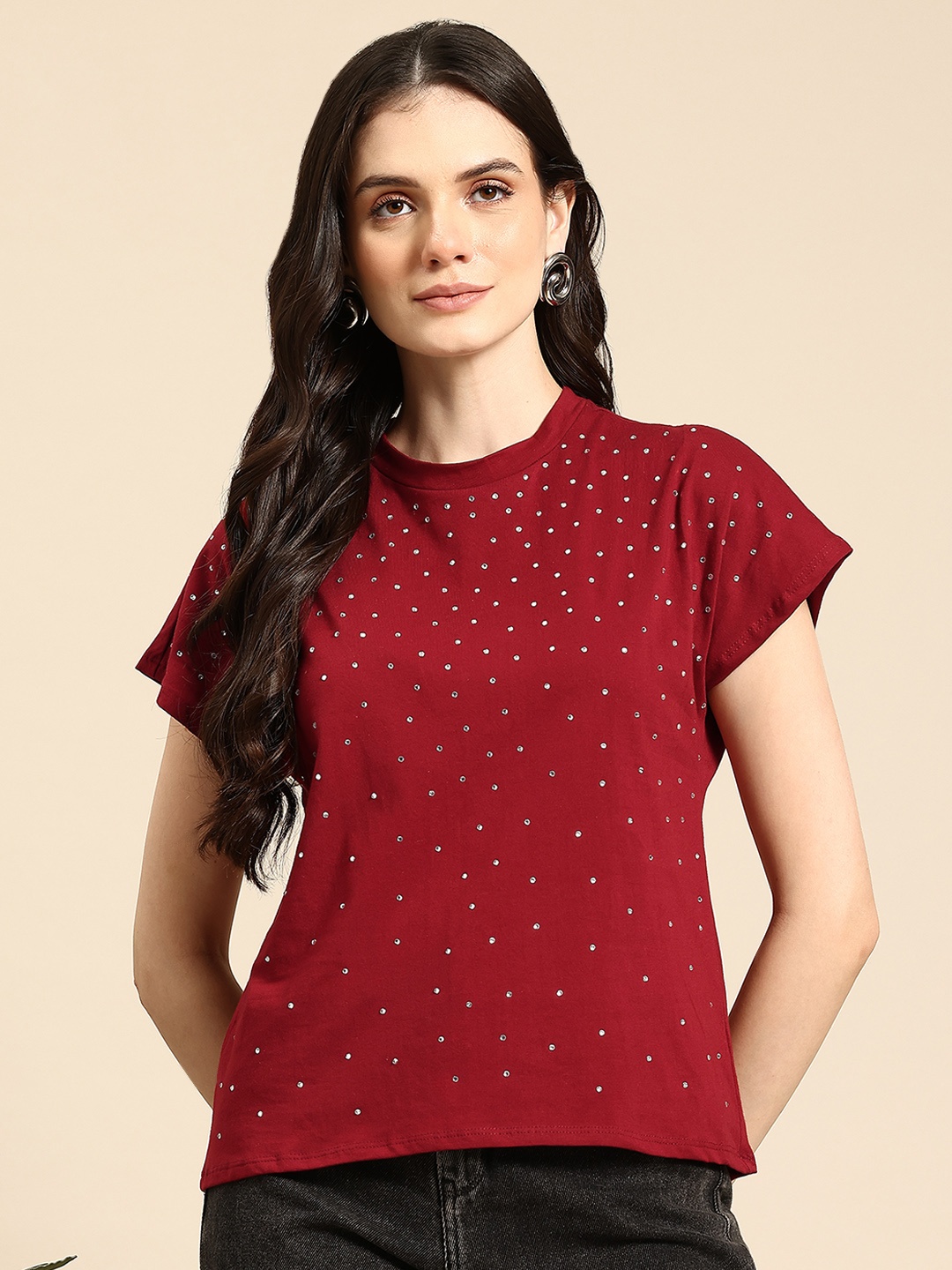 

Mast & Harbour Studded Extended Sleeves Cotton Top, Maroon