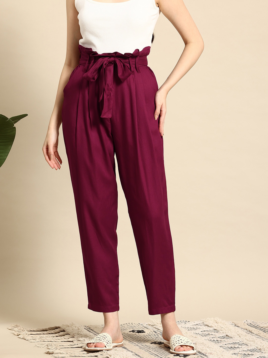 

Mast & Harbour Women High-Rise Paperbag Trousers, Burgundy