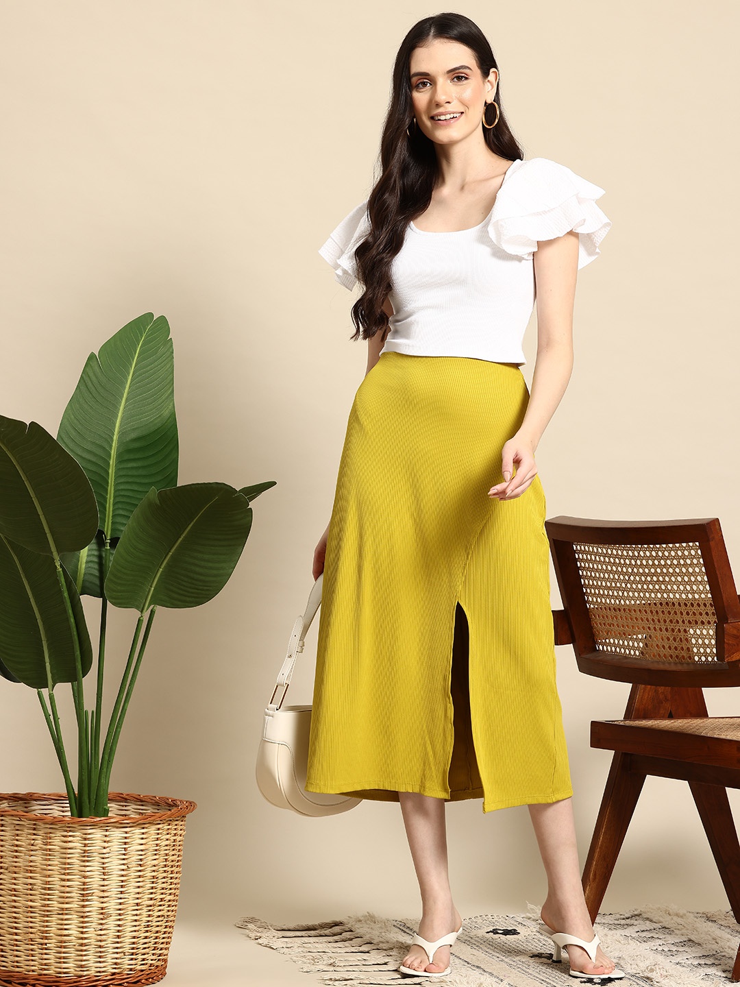 

Mast & Harbour Ribbed Side-Slit Midi Skirt, Mustard