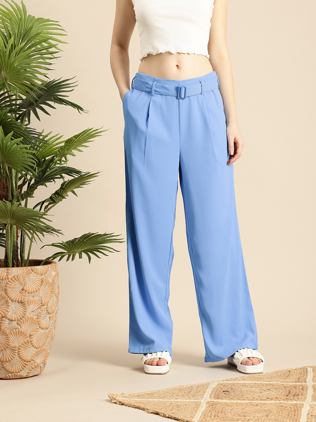 

Mast & Harbour Women Pleated Parallel Trousers, Blue