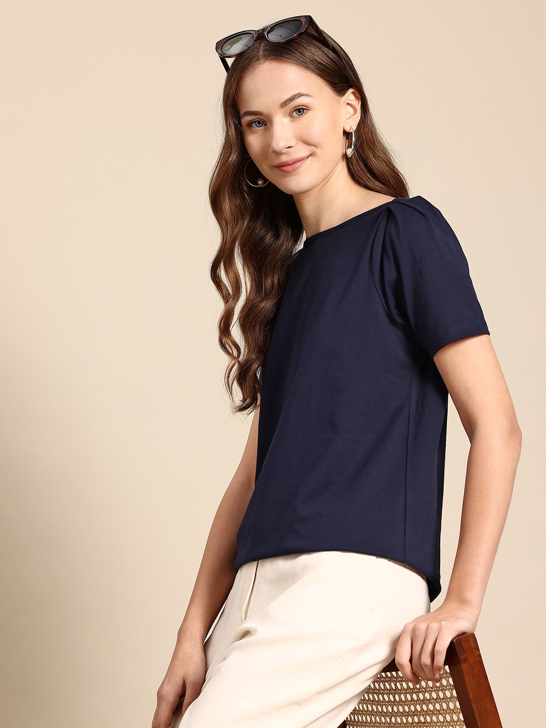 

Mast & Harbour Puff Sleeves Pure Cotton T-shirt, Navy blue