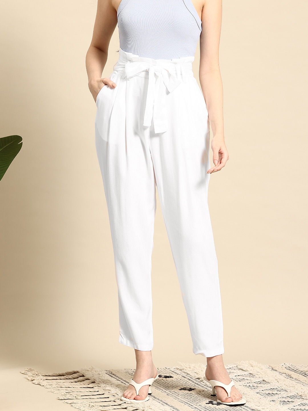 

Mast & Harbour Women High-Rise Paperbag Trousers, White