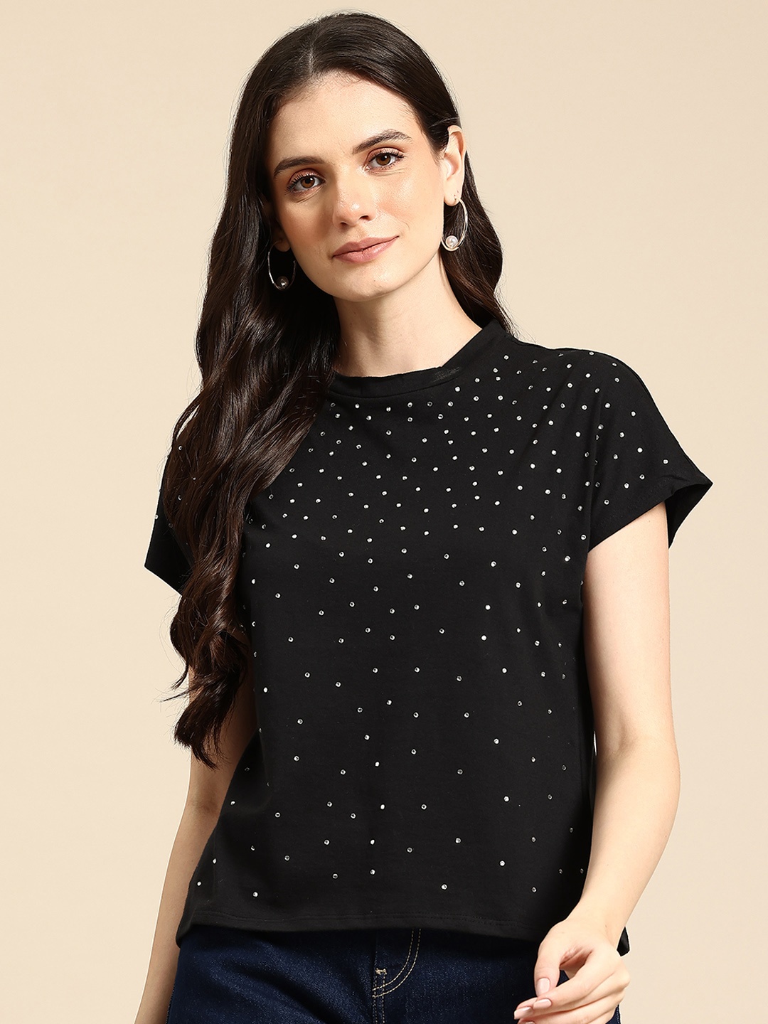 

Mast & Harbour Studded Extended Sleeves Cotton Top, Black