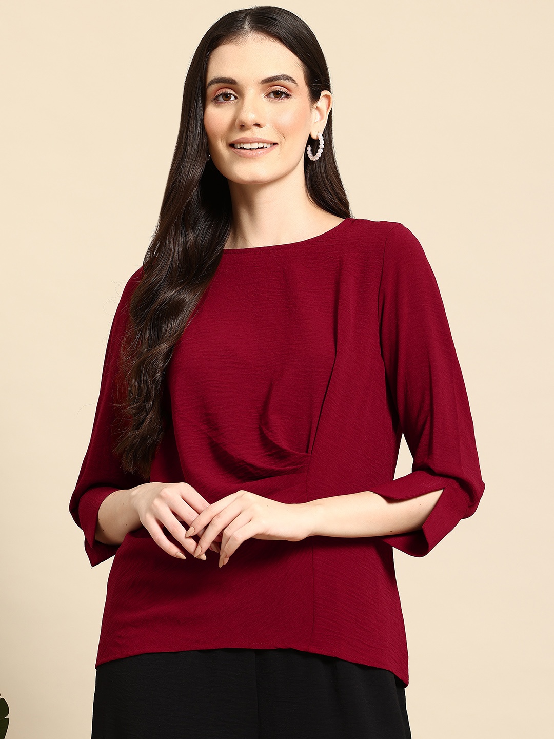 

Mast & Harbour Crinkled Regular Top, Maroon