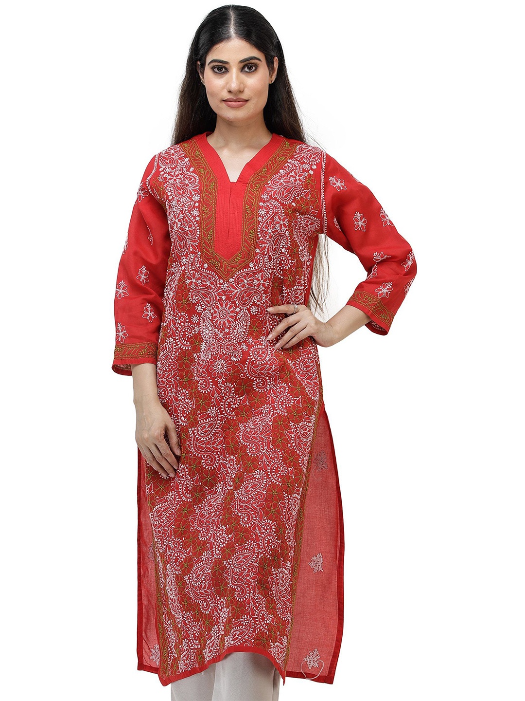 

Exotic India V Neck Embroidered Chikankari Straight Kurta, Red