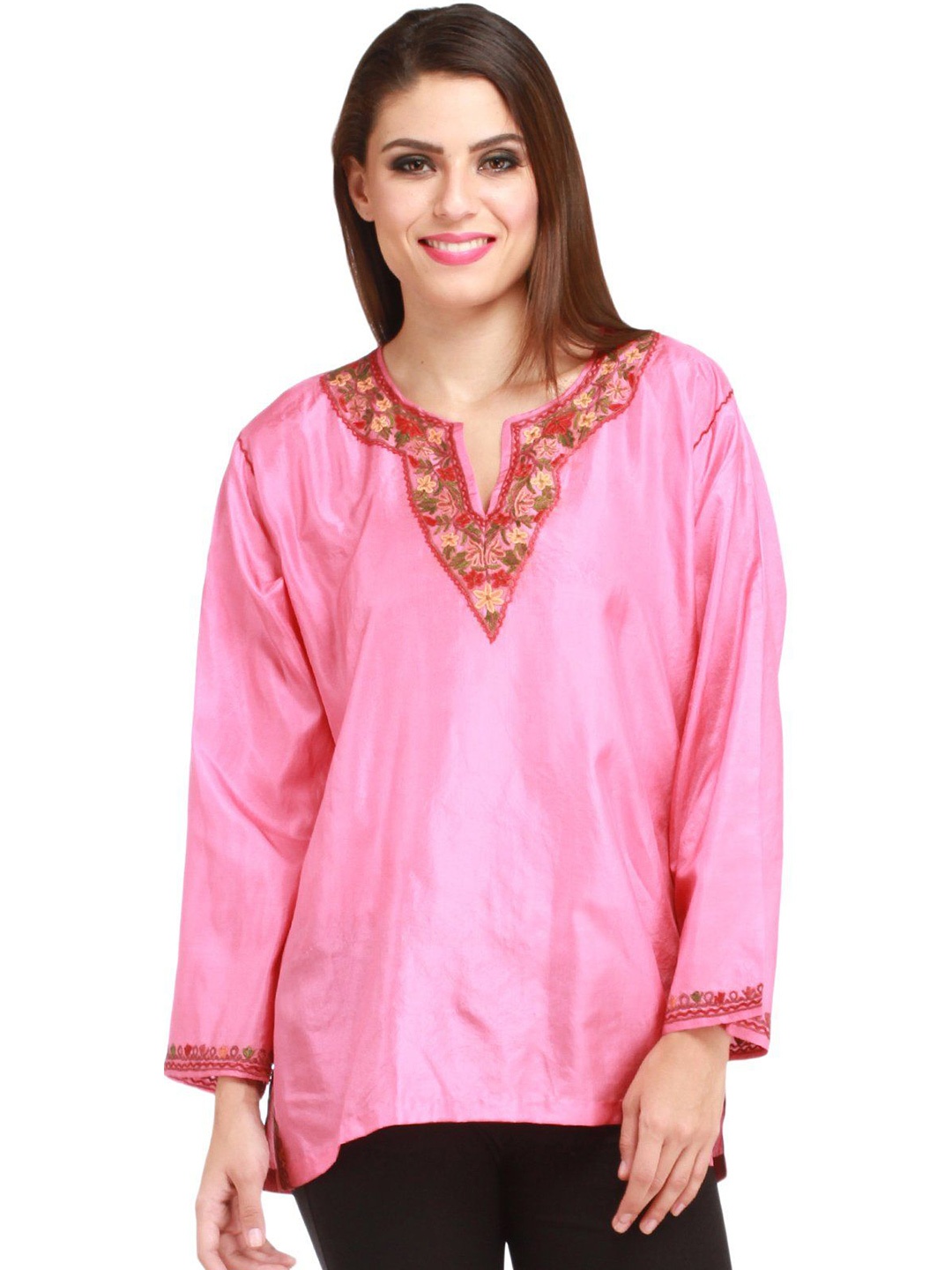 

Exotic India Round Neck Embroidered Kurti, Pink