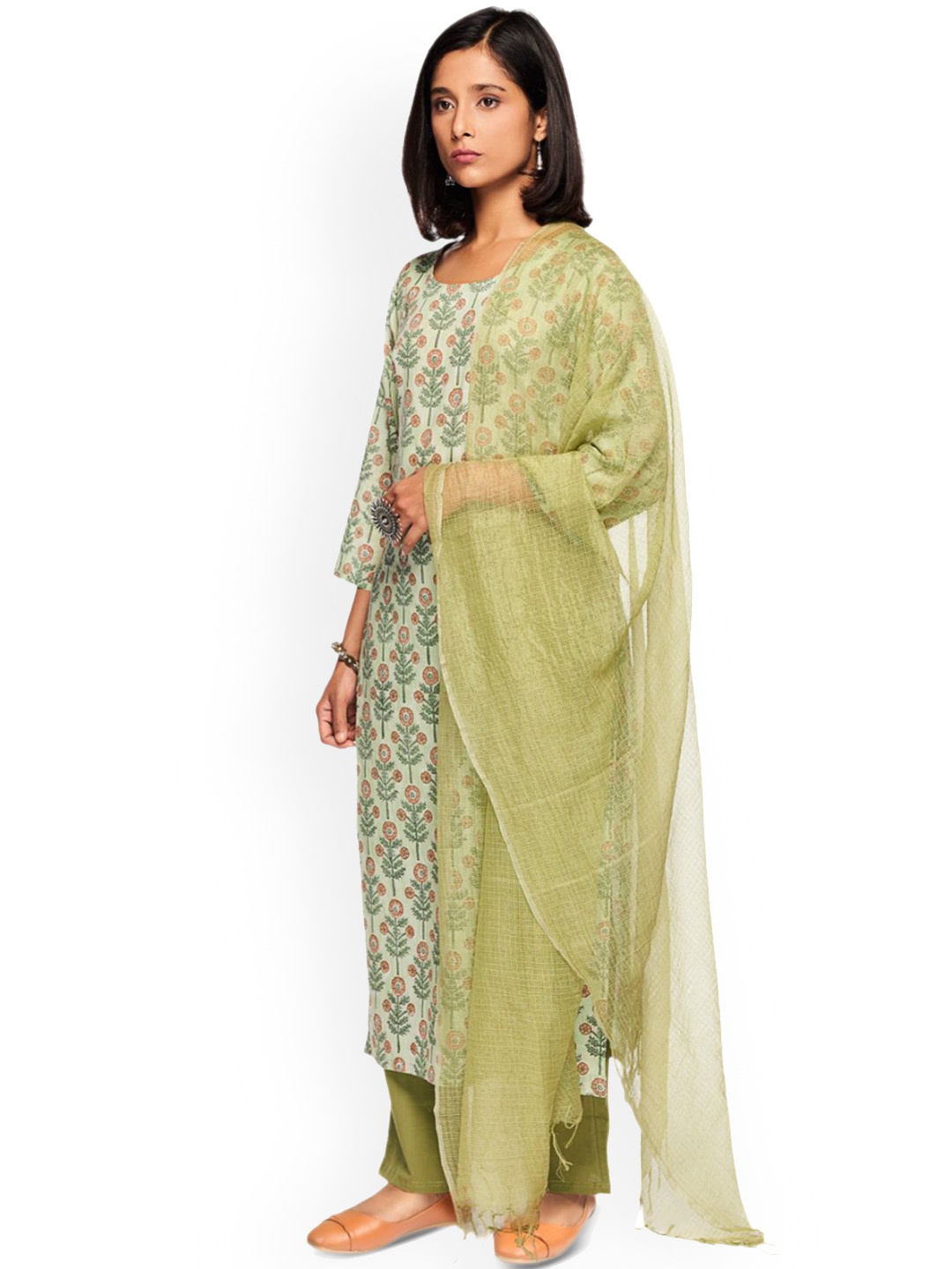 

KAHVA Floral Printed Straight Pure Cotton Kurta with Trousers & Dupatta, Green