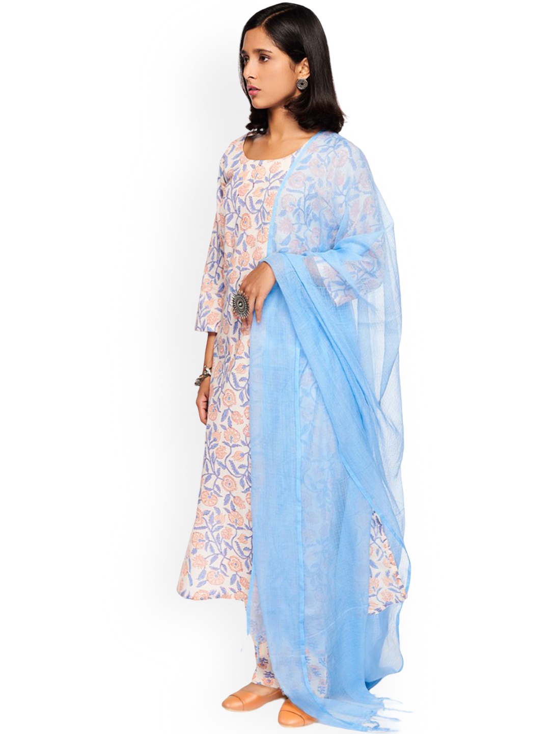 

KAHVA Floral Printed Straight Pure Cotton Kurta with Trousers & Dupatta, Blue