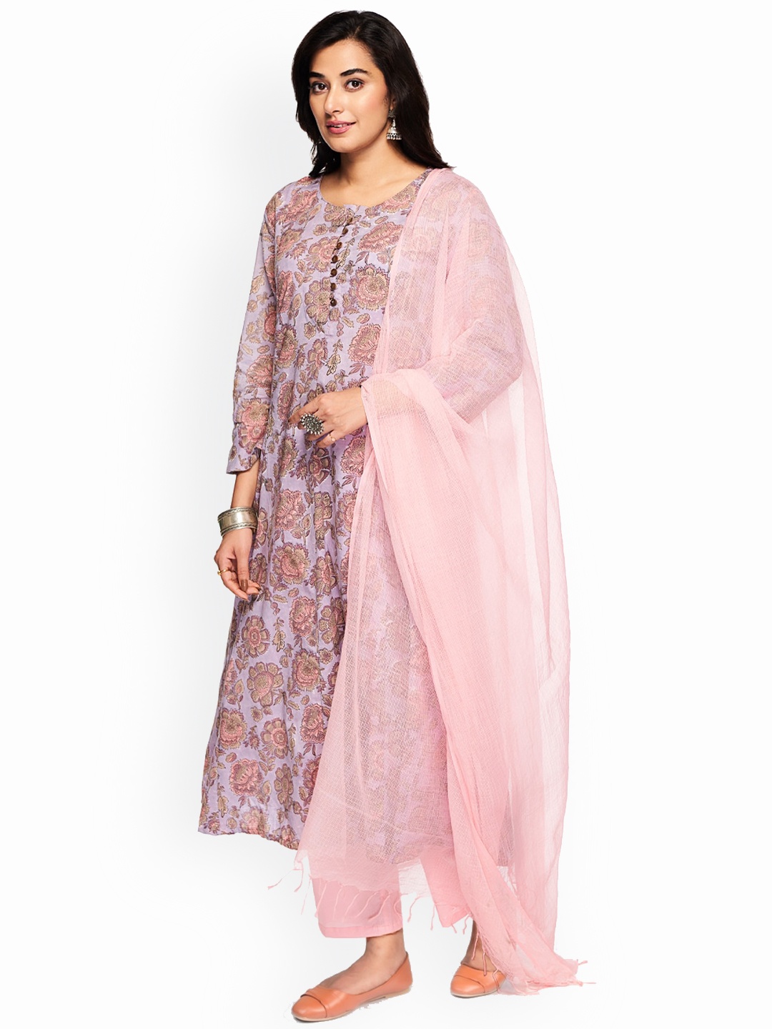 

KAHVA Floral Printed A-Line Panelled Pure Cotton Kurta with Trousers & Dupatta, Lavender