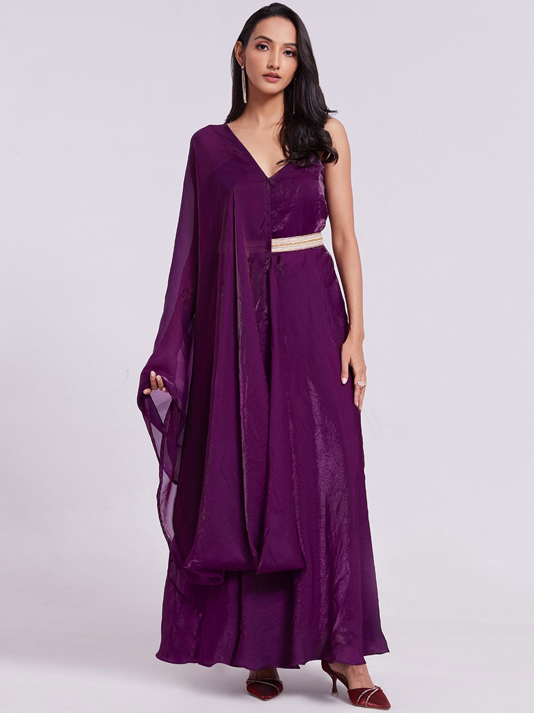 

Fusionic One-Shoulder Organza Maxi Ethnic Dress With Belt, Purple