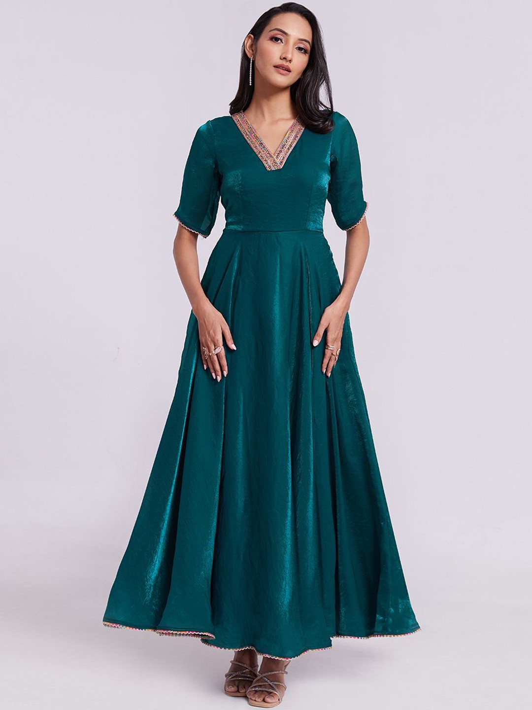 

Fusionic V-Neck Fit and Flare Maxi Ethnic Dress, Teal