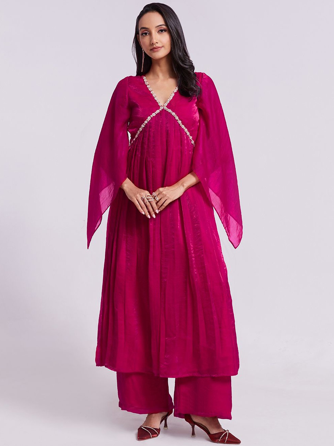 

Fusionic Pleated Beads and Stones Kurta with Palazzos, Pink