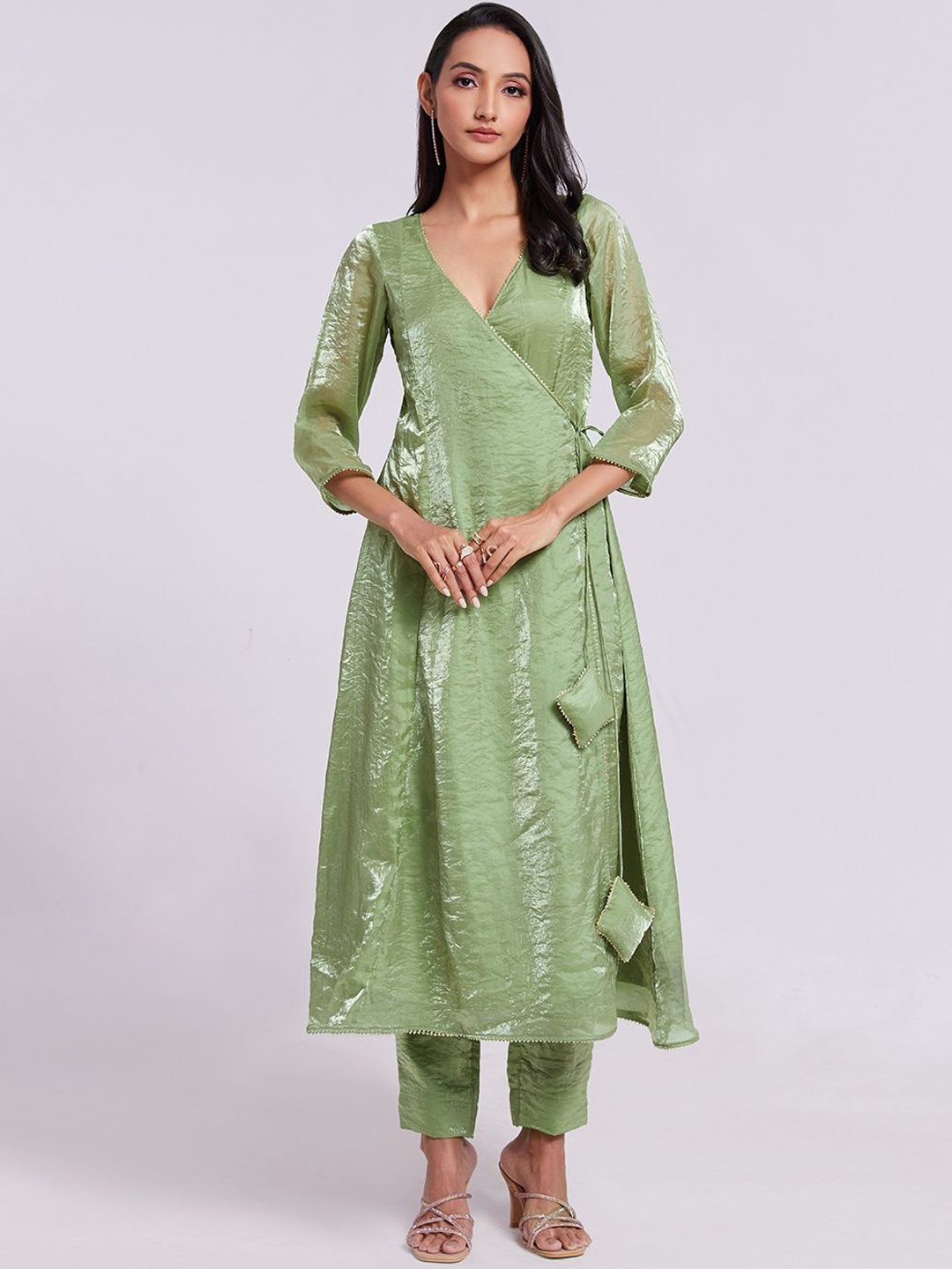 

Fusionic Angrakha Kurta with Trousers, Green