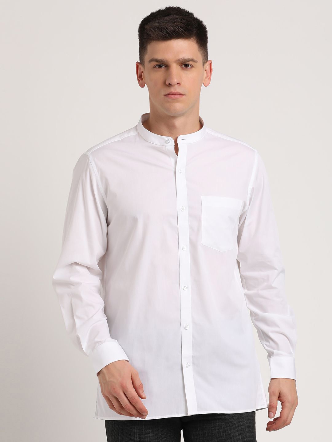 

Turtle Classic Solid Band Collar Pure Cotton Formal Shirt, White