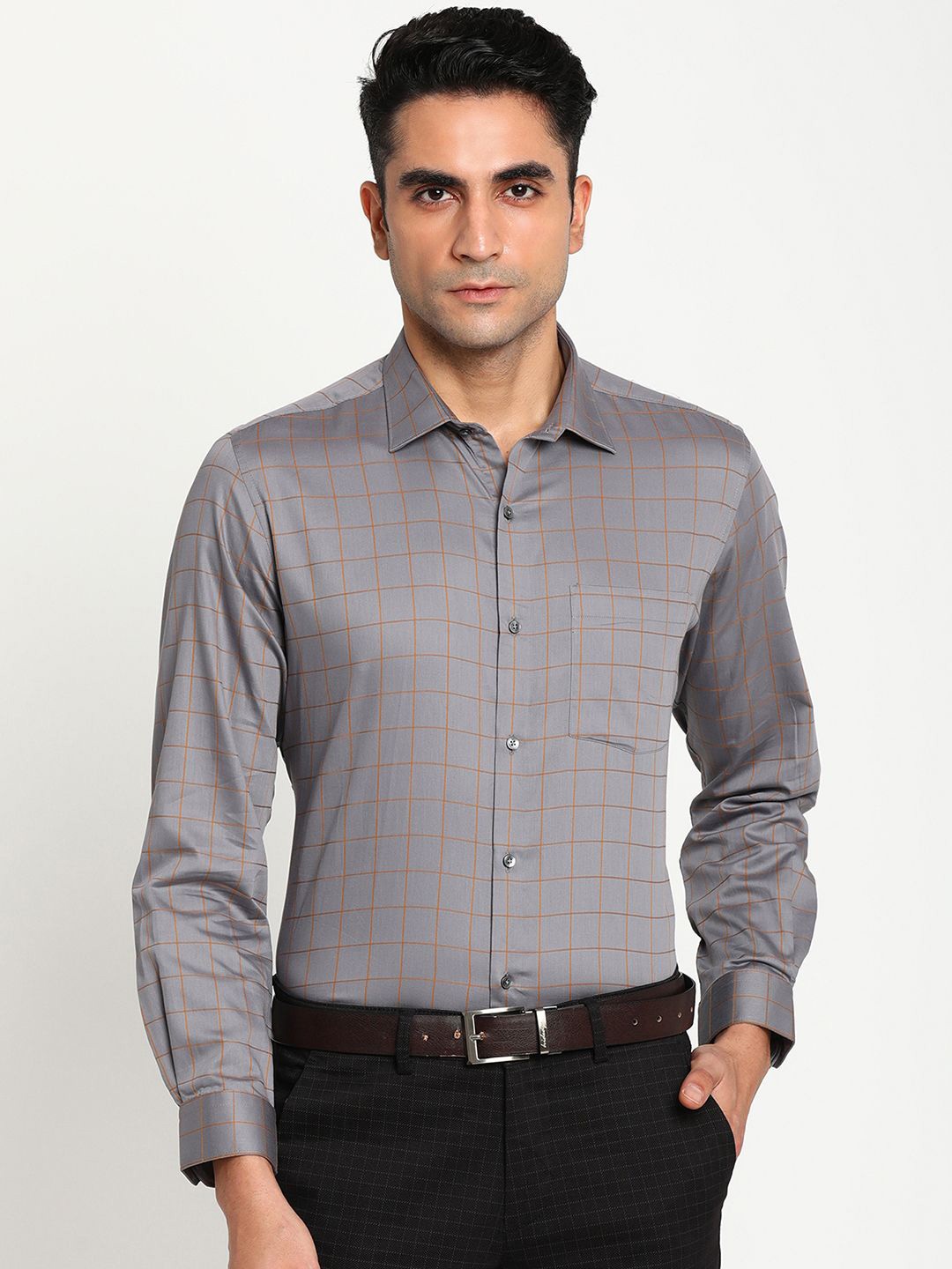

Turtle Men Spread Collar Checked Pure Cotton Formal Shirt, Grey