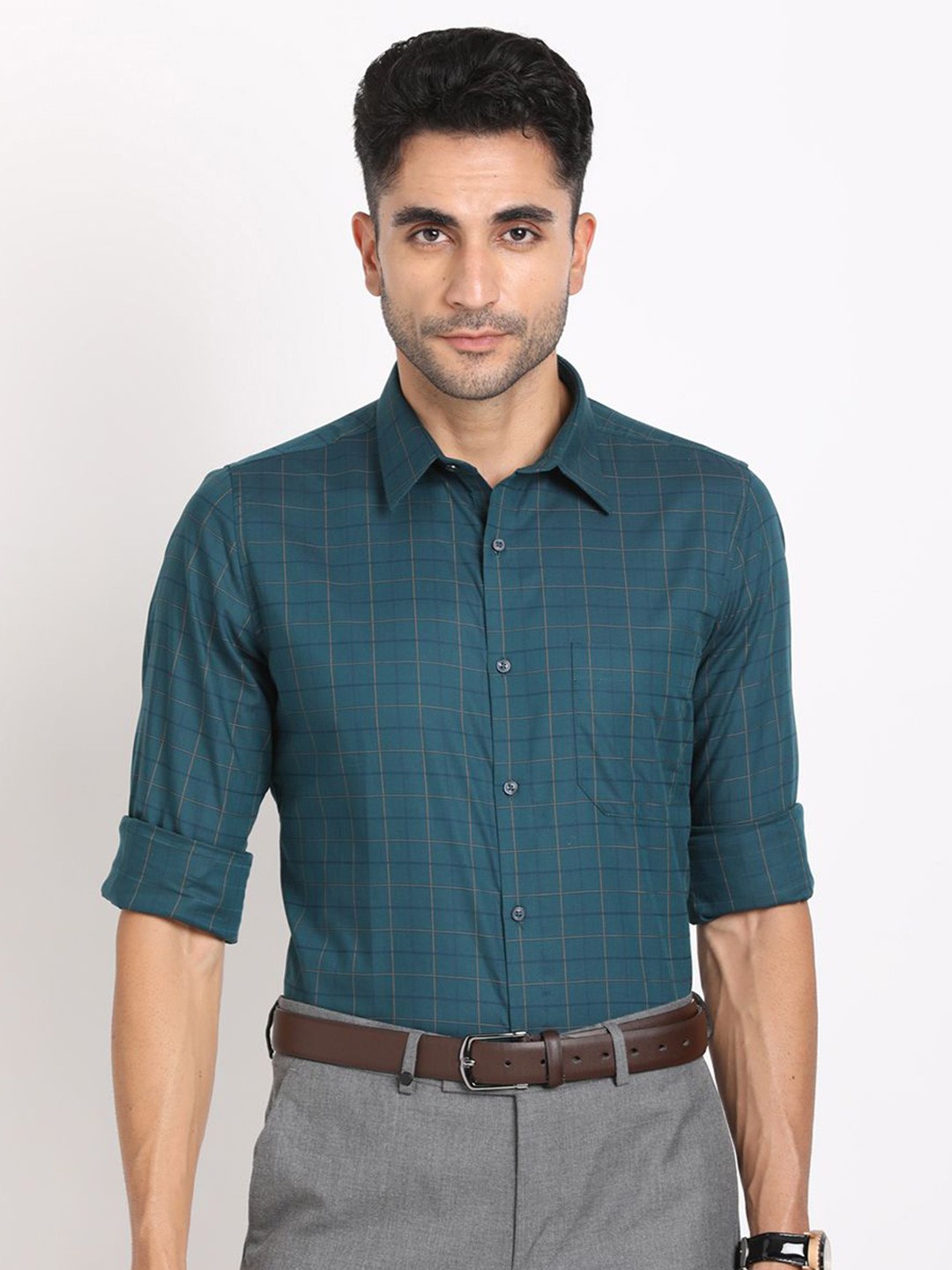 

Turtle Classic Slim Fit Checked Spread Collar Pure Cotton Formal Shirt, Teal