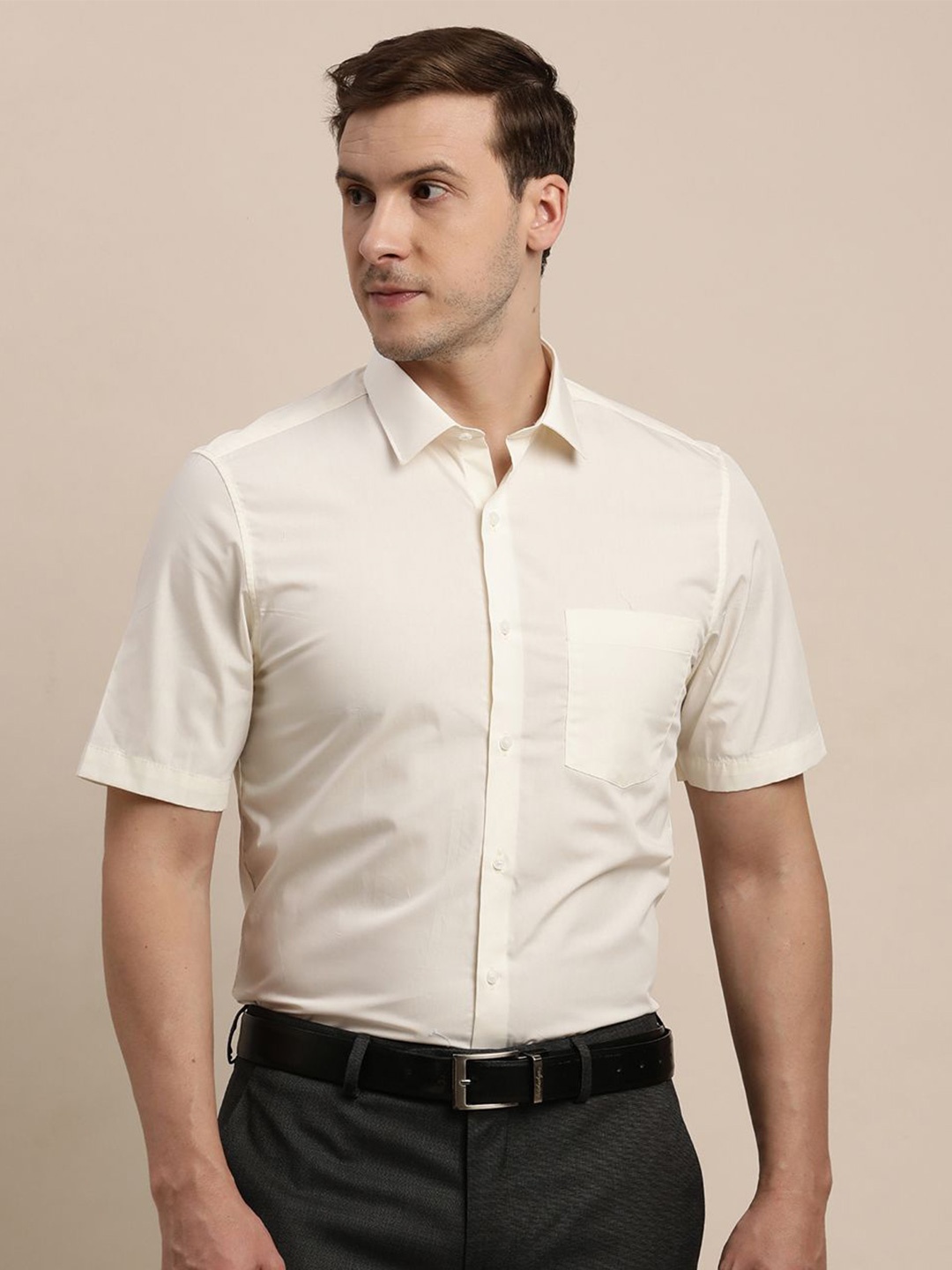 

Turtle Classic Slim Fit Spread Collar Pure Cotton Formal Shirt, Cream