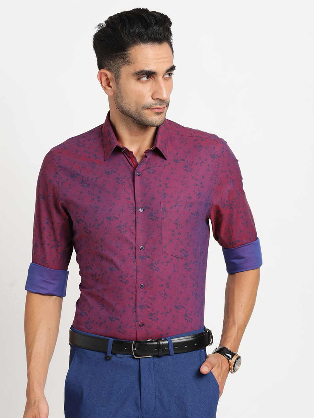 

Turtle Classic Slim Fit Floral Printed Spread Collar Pure Cotton Formal Shirt, Purple