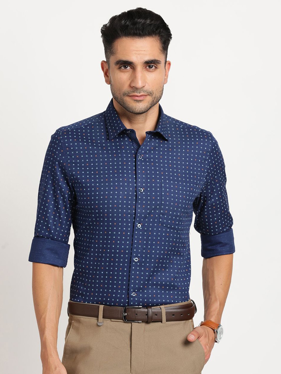 

Turtle Men Micro Ditsy Printed Spread Collar Pure Cotton Formal Shirt, Navy blue