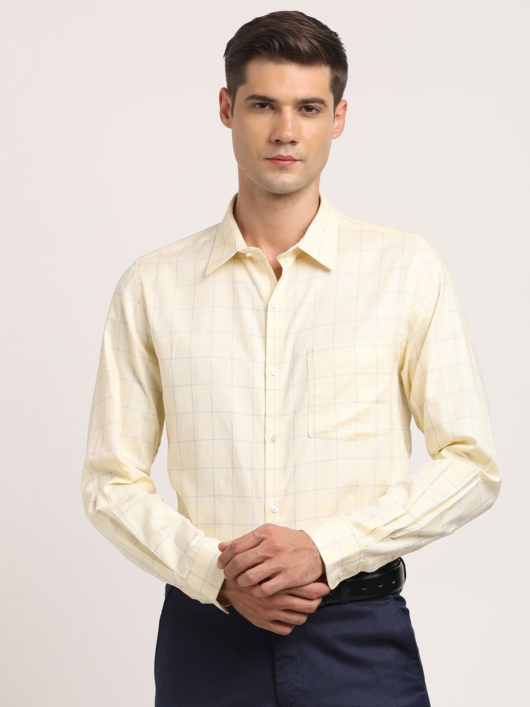 

Turtle Classic Slim Fit Grid Tattersall Checks Pure Cotton Formal Shirt, Yellow