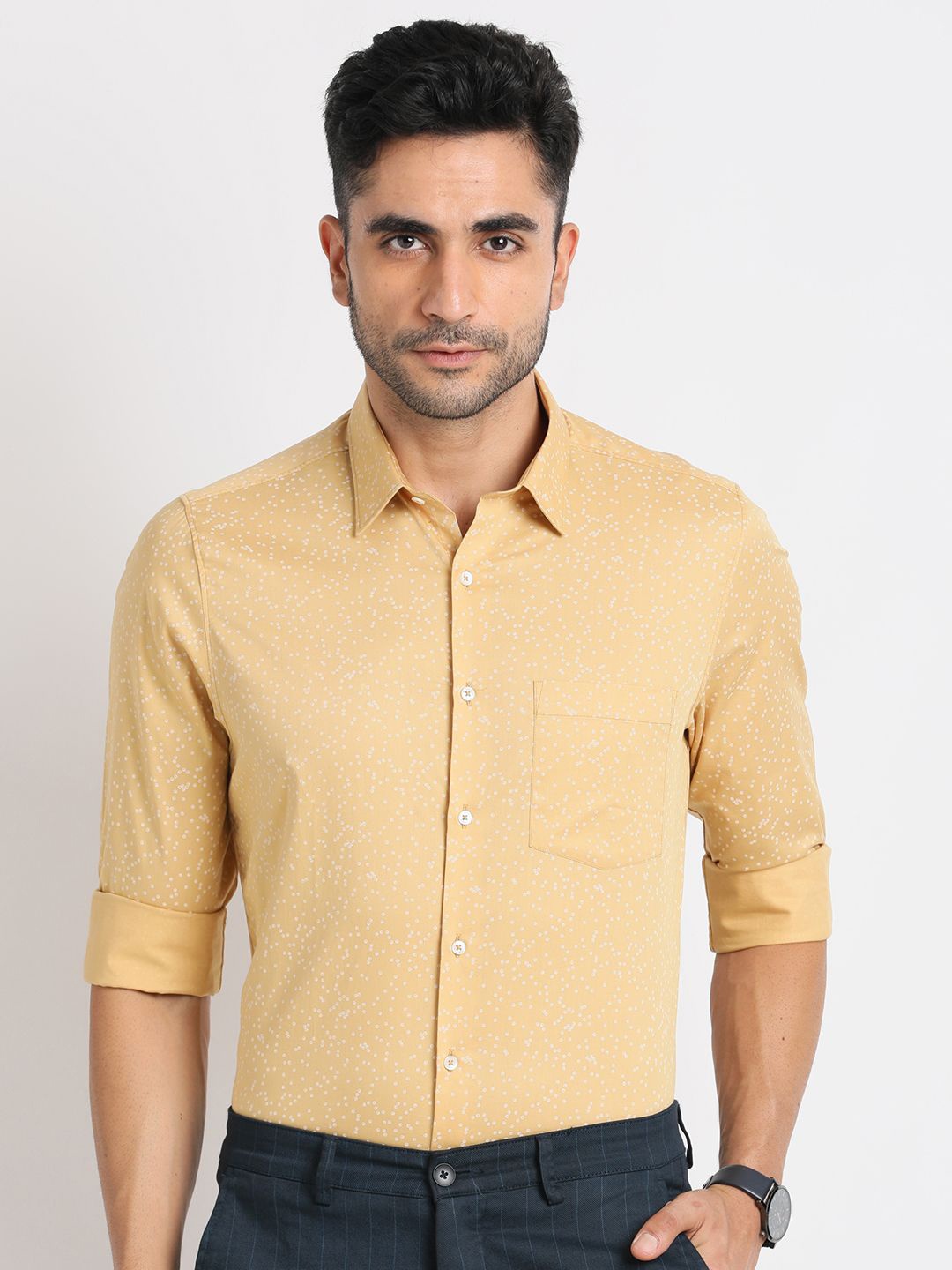 

Turtle Men Micro Ditsy Printed Spread Collar Slim Fit Pure Cotton Formal Shirt, Yellow