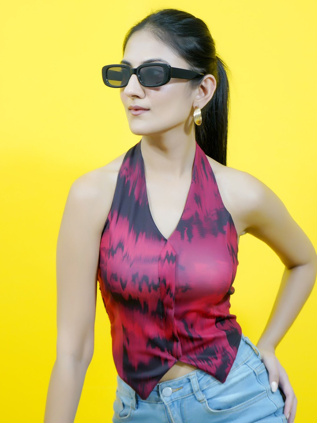 

CRAZEVILLA Tie and Dye Printed Smocking Halter Neck Sleeveless Scuba Top, Red