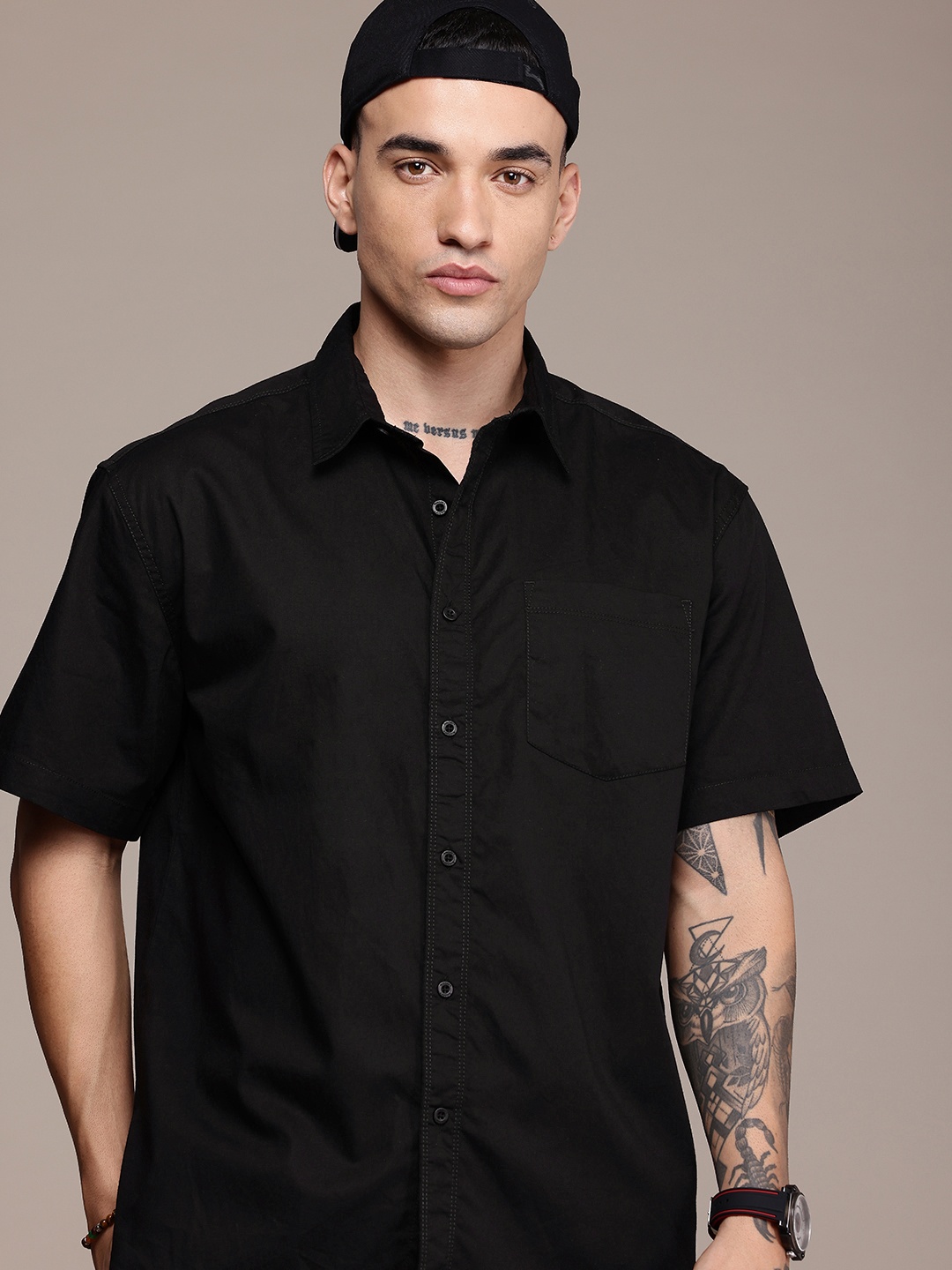 

The Roadster Life Co. Drop-Shoulder Relaxed Fit Pure Cotton Casual Shirt, Black