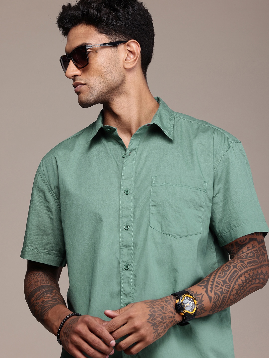 

The Roadster Life Co. Drop-Shoulder Relaxed Fit Pure Cotton Casual Shirt, Green