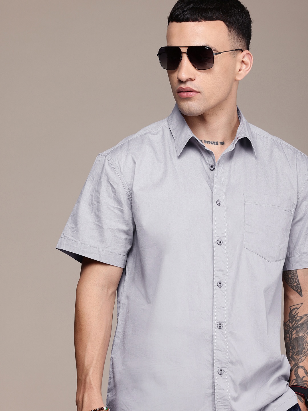 

The Roadster Life Co. Drop-Shoulder Relaxed Fit Pure Cotton Casual Shirt, Grey